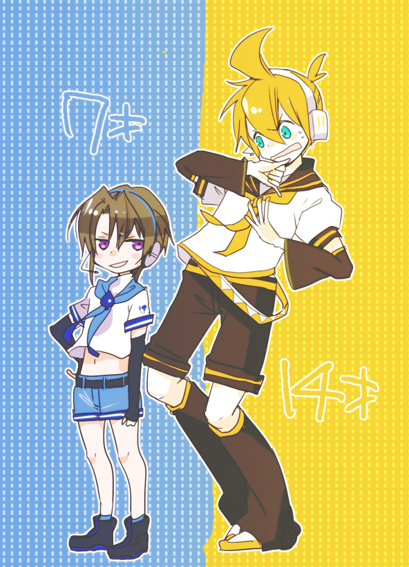 ahoge blonde_hair brown_hair headphones kagamine_len sailor_suit shock shorts shota smile tsukuyomi_shouta violet_eyes vocaloid voiceroid