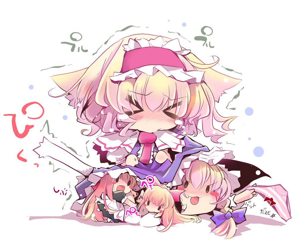>_< alice_margatroid animal_ears blonde_hair blush blush_stickers bow braid cat_ears cat_tail chibi clothes_thief doll get hair_bow hairband hat hourai_doll kemonomimi_mode kirisame_marisa long_hair marisa_stole_the_precious_thing open_mouth panties shanghai shanghai_doll short_hair single_braid striped striped_panties tail theft touhou trembling underwear underwear_thief usoneko