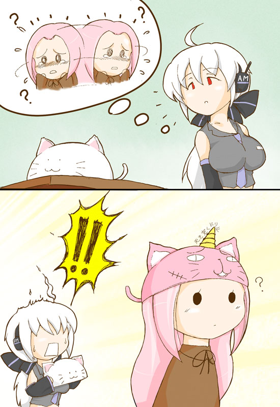 :3 ? ahoge animal_ears animal_hat blush breasts cat_ears cat_hat hat long_hair megurine_luka megurine_luka_(toeto) morphina parody pink_hair ponytail red_eyes surprised tears tengen_toppa_gurren_lagann the_thing_not_quite_sure_what_it_is toeto_(vocaloid) vocaloid voyakiloid white_hair yowane_haku