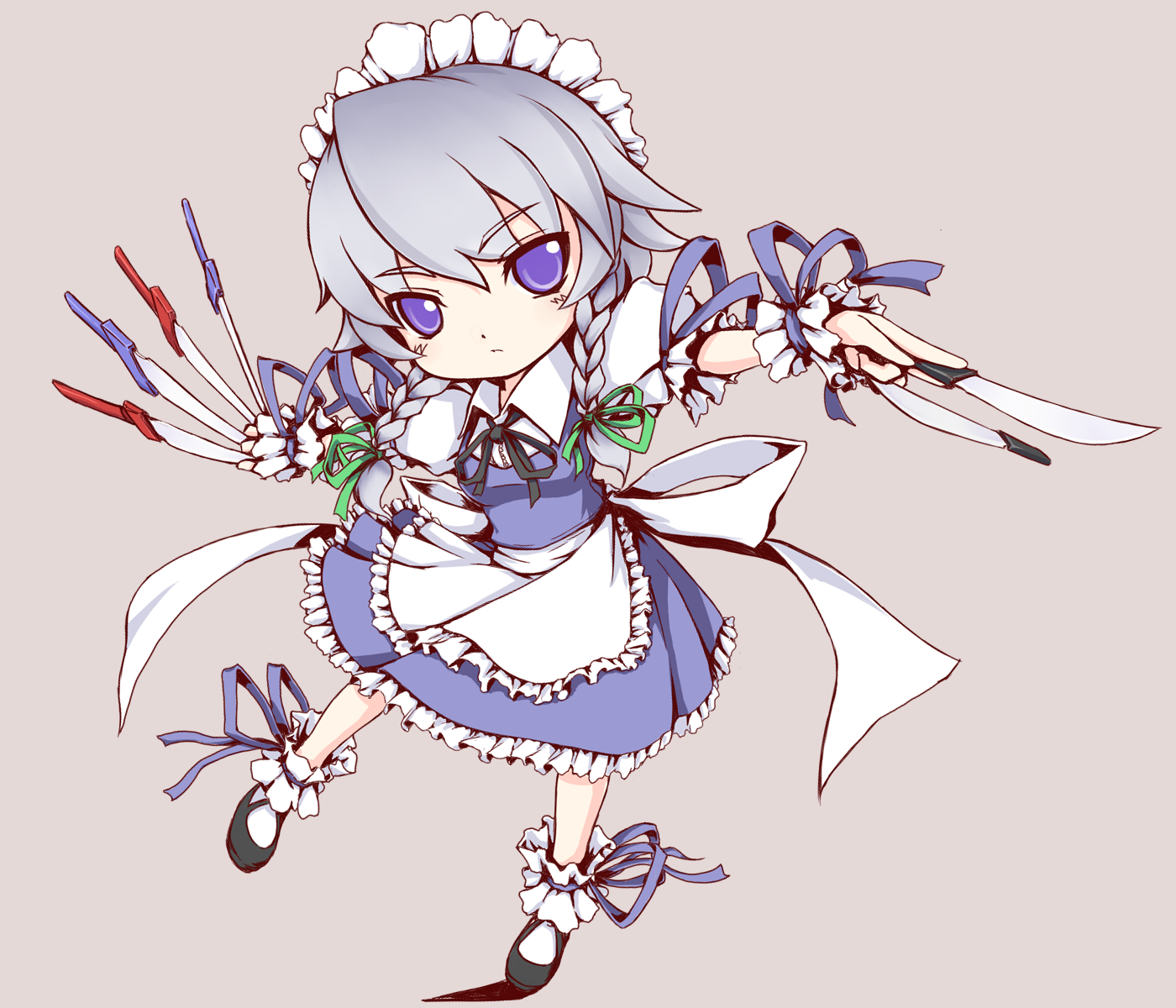 blue_eyes braid hairband highres izayoi_sakuya knife ribbon shishigami_(pixiv) shishigami_(sunagimo) short_hair silver_hair simple_background solo touhou twin_braids wrist_cuffs