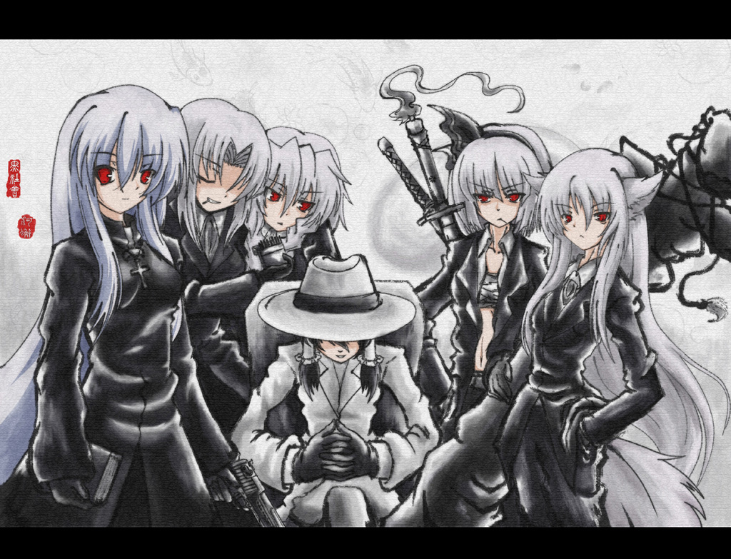 auer cigarette duplicate gangster gun hakurei_reimu handgun hat hitodama inubashiri_momiji izayoi_sakuya kamishirasawa_keine katana konpaku_youmu konpaku_youmu_(ghost) mafia myon pistol red_eyes smoking sword tail touhou wallpaper weapon white_hair wolf_ears wolf_tail yagokoro_eirin yakuza