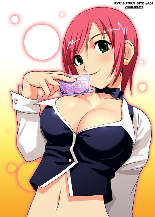 1girl breasts card choker cleavage croupier cuffs female green_eyes holding holding_card midriff navel pink_hair red_hair redhead rio_-rainbow_gate!- rio_rollins ryu_(artist) short_hair sleeve_cuffs solo super_blackjack