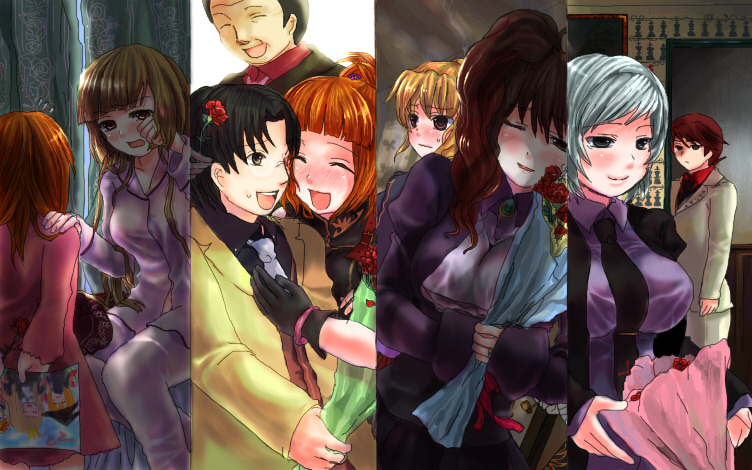 black_hair blonde_hair bouquet brown_hair child_drawing flower hime_cut kazukura_itsuki mother's_day mother's_day mother_and_daughter mother_and_son orange_hair pajamas red_hair redhead rose roses silver_hair sleepy umineko_no_naku_koro_ni ushiromiya_battler ushiromiya_eva ushiromiya_george ushiromiya_hideyoshi ushiromiya_jessica ushiromiya_kyrie ushiromiya_maria ushiromiya_natsuhi ushiromiya_rosa