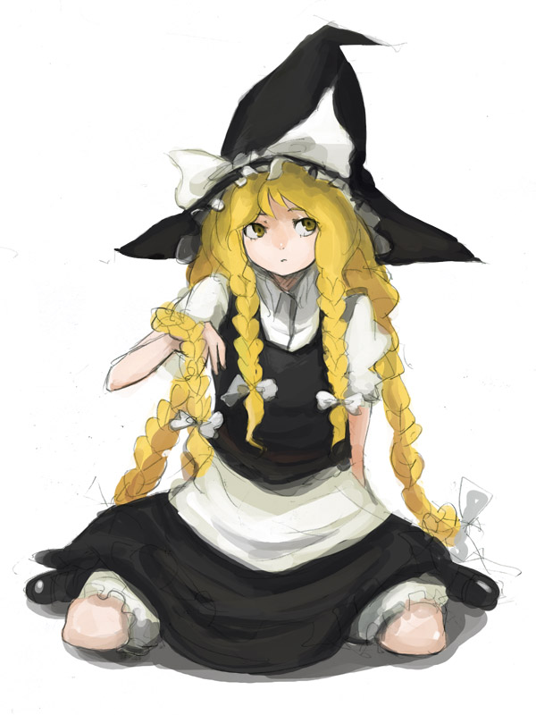 alternate_hairstyle blonde_hair bloomers bow braid dress hair_bow hat kasa kirisame_marisa long_hair looking_up quad_braids short_sleeves sitting solo touhou very_long_hair wariza witch_hat yellow_eyes