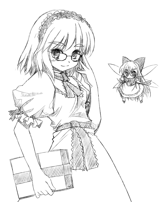 >:) alice_margatroid apron bangs bespectacled book bow bowtie dress fairy_wings glasses grimoire hair_bow hairband hovering looking_at_viewer matching_shanghai monochrome necktie puffy_short_sleeves puffy_sleeves sash shanghai shanghai_doll short_sleeves simple_background solo touhou waist_apron white_background wings yu-ki yuuki_(snowhouse)