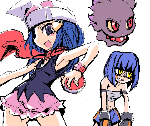 armband bandage bandages beanie blue_eyes blue_hair blush_stickers boxing_gloves croagunk floating gloves hat hikari_(pokemon) holding holding_poke_ball kobayashi_tetsuya misdreavus moemon multiple_girls nintendo oekaki personification poke_ball pokeball pokemon sarashi scarf shorts simple_background smile white_background yellow_eyes