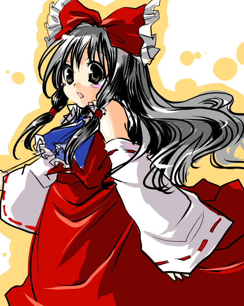 :o ascot black_hair blush_stickers bow brown_eyes detached_sleeves hair_bow hair_tubes hakurei_reimu japanese_clothes kobanzame long_hair long_skirt rough solo touhou