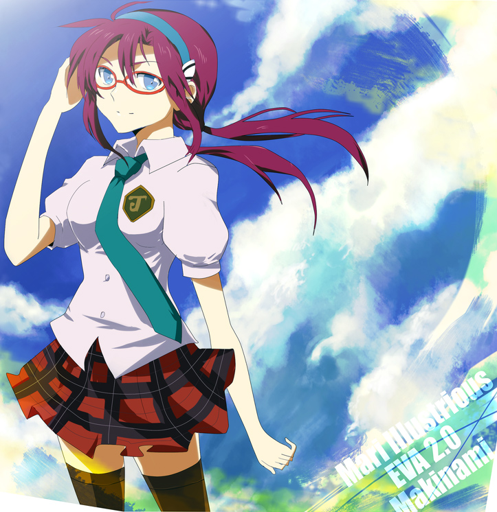 cloud clouds glasses headband makinami_mari_illustrious meru necktie neon_genesis_evangelion plaid plaid_skirt purple_hair rebuild_of_evangelion skirt solo tartan thigh-highs thighhighs zettai_ryouiki