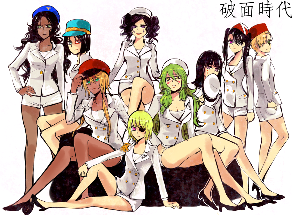 apache apu arrancar black_hair bleach blonde_hair blue_eyes breasts cirucci_sanderwicci cirucci_thunderwitch cleavage crossed_legs cyan_sung-sun dark_skin emilou_apacci eyepatch facial_mark franceska_mila_rose girls'_generation green_eyes green_hair grey_eyes hair_over_one_eye hat heterochromia high_heels legs lilynette_gingerback lilynette_gingerbuck loly loly_aivirrne long_hair menoly menoly_mallia mila_rose neliel_tu_oderschvank nelliel_tu_odelschwanck purple_eyes shoes short_hair short_shorts short_twintails shorts sitting skirt sun-sun tia_harribel tier_harribel twintails uniform yellow_eyes