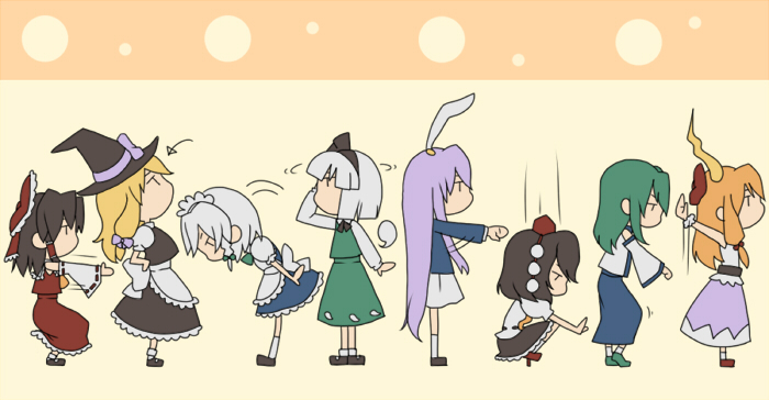algorithm_march chibi dancing everyone hakurei_reimu ibuki_suika izayoi_sakuya kirisame_marisa kochiya_sanae konpaku_youmu multiple_girls orippa pythagoras_switch reisen_udongein_inaba shameimaru_aya simple_background squatting tileable touhou