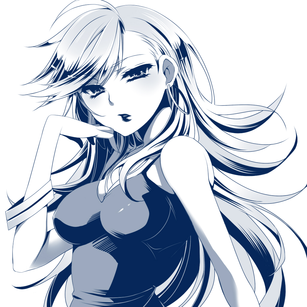 bare_shoulders breasts dress earrings impossible_clothes impossible_clothing impossible_shirt jewelry large_breasts lipstick long_hair makeup monochrome panty_&_stocking_with_garterbelt panty_(character) panty_(psg) ryuuki_(hydrangea) shirt solo