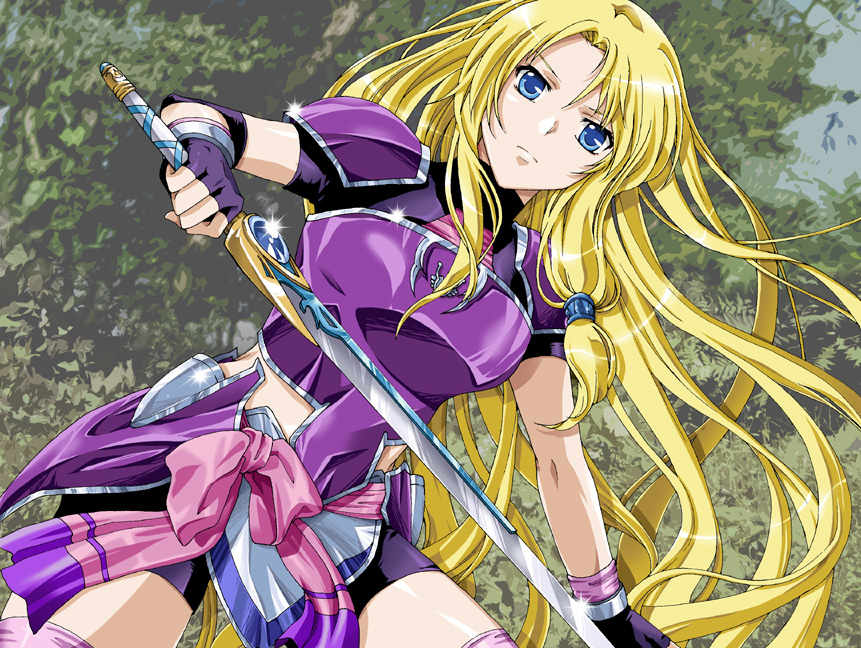 armor artist_request bike_shorts blonde_hair blue_eyes densetsu_no_yuusha_no_densetsu ferris_eris fingerless_gloves gloves long_hair sword very_long_hair weapon wristband