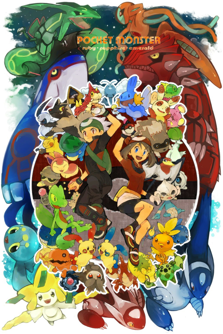 absol aron bike_shorts black_hair blue_eyes brown_hair chimecho corphish deoxys duskull groudon gulpin haruka_(pokemon) headband holding holding_poke_ball jirachi kecleon kyogre latias latios manaphy meditite mudkip numel odd_one_out poke_ball pokemon pokemon_(game) pokemon_rse ralts rayquaza seedot shroomish skitty snorunt spinda swablu taillow tetsu_(teppei) torchic trapinch whismur wurmple yuuki_(pokemon) zigzagoon