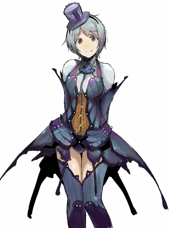 blue_hair bnahabra_(armor) brown_eyes capcom carlos_toshiki hat monster_hunter monster_hunter_portable_3rd short_hair silver_hair simple_background smile solo suit top_hat white_background