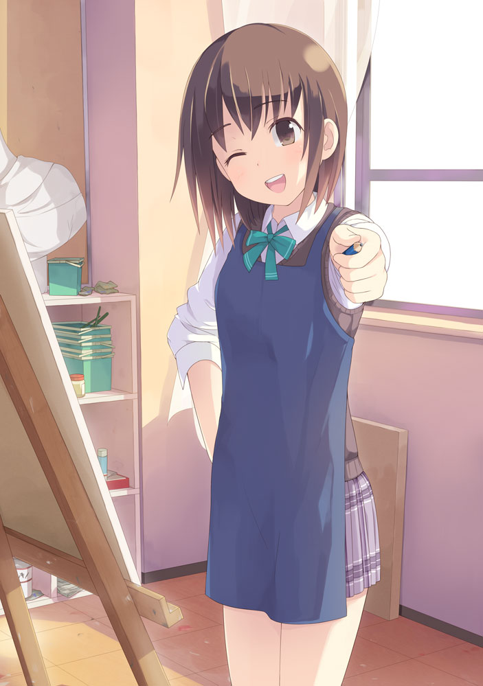 ;d apron blush brown_eyes brown_hair canvas_(object) copyright_request easel open_mouth pencil pointing sakusaku school_uniform short_hair skirt sleeves_pushed_up smile solo window wink