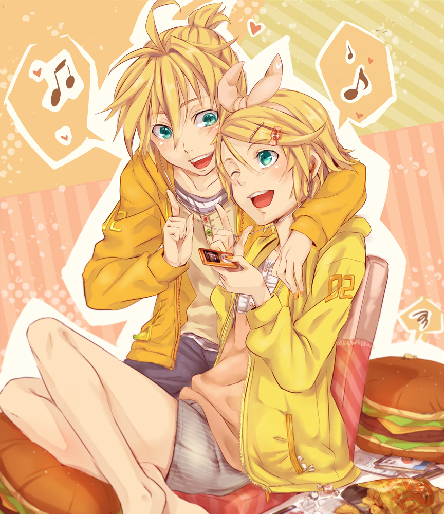 blonde_hair blue_eyes digital_media_player earphones hair_bow hairclip heart hoodie ipod jacket kagamine_len kagamine_rin musical_note nail_polish open_mouth ponytail sakou_mochi short_hair siblings sitting twins vocaloid wink