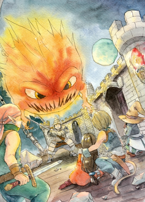 armor bandana bare_shoulders battle black_hair black_mage blonde_hair bomb_(final_fantasy) castle chain chains character_request deboo final_fantasy final_fantasy_ix fire flame full_moon garnet_til_alexandros_xvii hat long_hair long_sword longsword low-tied_long_hair mame8960 marcus moon sharp_teeth short_hair stage sword torch traditional_media vivi_ornitier watercolor_(medium) weapon zidane_tribal