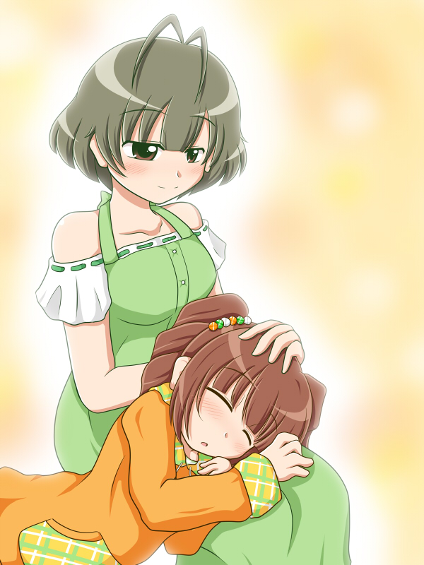 antenna_hair bare_shoulders blush brown_eyes brown_hair crossdressing hand_on_head idolmaster idolmaster_dearly_stars lap_pillow looking_down short_hair smile takatsuki_yayoi trap twintails wagomu17