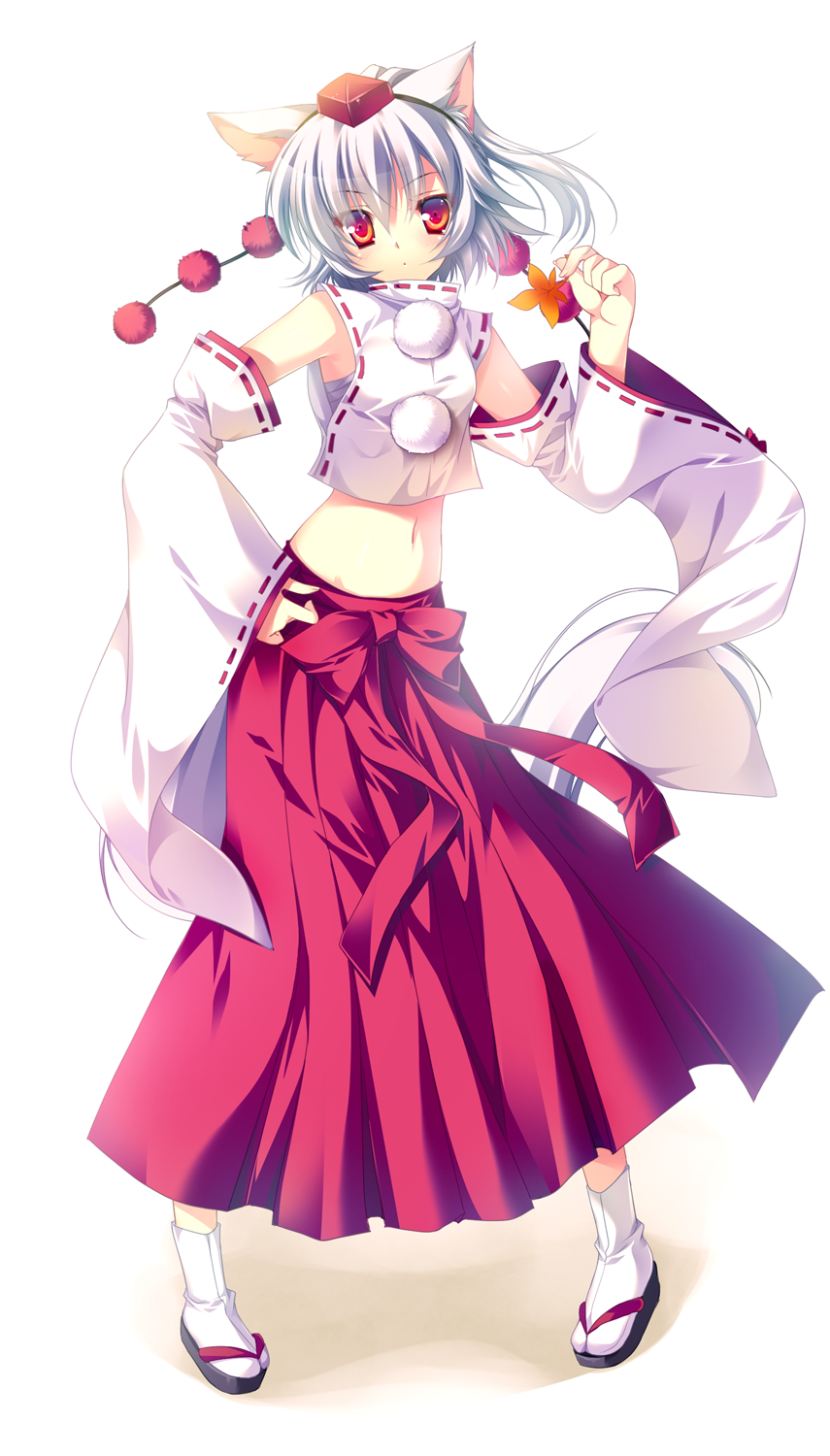 animal_ears bad_id bare_shoulders clog_sandals detached_sleeves futaori_arisa hakama hat highres inubashiri_momiji japanese_clothes leaf looking_at_viewer maple_leaf midriff navel pigeon-toed pigeon_toed red_eyes sarashi short_hair silver_hair simple_background solo standing tabi tail tokin_hat touhou white_hair wide_sleeves wolf_ears wolf_tail