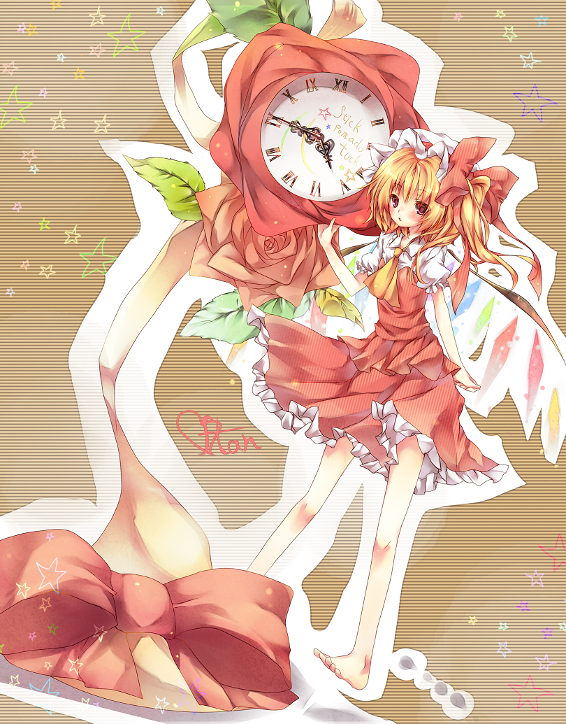 barefoot blonde_hair blush bow clock dress eikokudaisuki feet flandre_scarlet flower hair_bow hat kasu_(return) leaf open_mouth red_eyes red_rose rose short_hair side_ponytail solo star the_embodiment_of_scarlet_devil touhou wings witch_hat