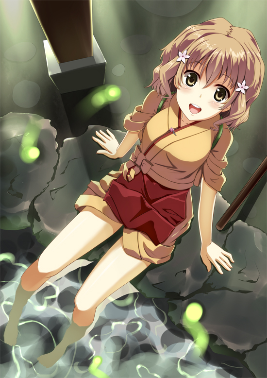1girl :d bare_legs barefoot blush bob_cut brown_eyes brown_hair feet_in_water fireflies flower from_above hair_flower hair_ornament hanasaku_iroha japanese_clothes looking_at_viewer looking_up matsumae_ohana onsen open_mouth short_hair sitting smile soaking_feet solo water wavy_hair