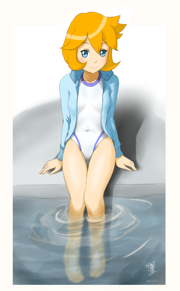 bad_id barefoot blue_eyes feet_in_water flat_chest gym_leader jacket jrainbow kasumi_(pokemon) kasumi_(pokemon)_(hgss) one-piece_swimsuit orange_hair pokemon pokemon_(game) pokemon_gsc pokemon_heartgold_and_soulsilver pokemon_hgss short_hair soaking_feet solo swimsuit water