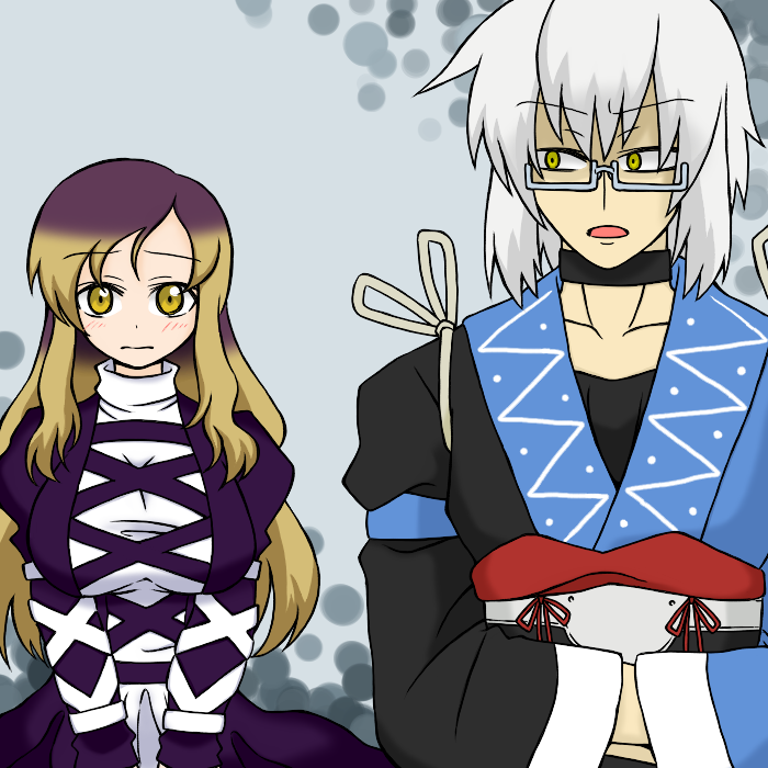 1girl blonde_hair blush breasts brown_hair glasses gradient_hair hijiri_byakuren huge_breasts long_hair morichika_rinnosuke multicolored_hair purple_hair sag sag_(karehabase) short_hair touhou two-tone_hair white_hair yellow_eyes