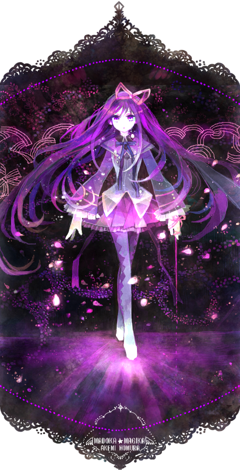 1girl akemi_homura hair_ribbon long_hair magical_girl mahou_shoujo_madoka_magica pantyhose purple purple_eyes purple_hair ribbon solo standing transparent_background violet_eyes wrist_ribbon