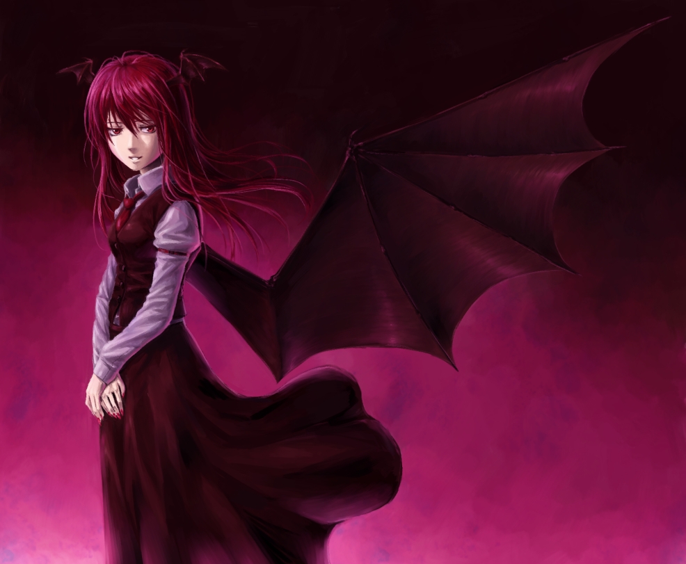 bat_wings head_wings koakuma light_smile long_hair long_sleeves nail_polish necktie profile purple red_eyes red_hair skirt skirt_set smile solo tatsuya_(atelier_road) the_embodiment_of_scarlet_devil touhou vest wind wings