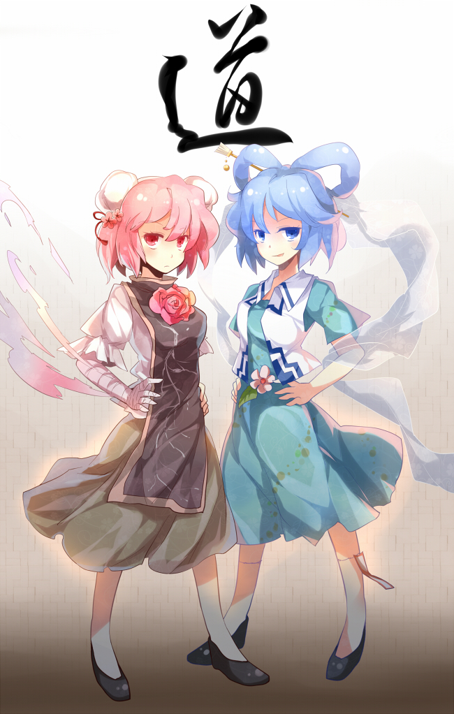 bandage bandages blue_eyes blue_hair bun_cover chinese_clothes double_bun dress dress_shirt flower hair_bun hair_ornament hair_rings hair_stick hands_on_hips ibara_kasen ibaraki_kasen kaku_seiga multiple_girls pink_eyes pink_hair pink_rose rose shawl shirt short_hair skirt smile smirk smoke tabard touhou translated translation_request vest yetworldview_kaze