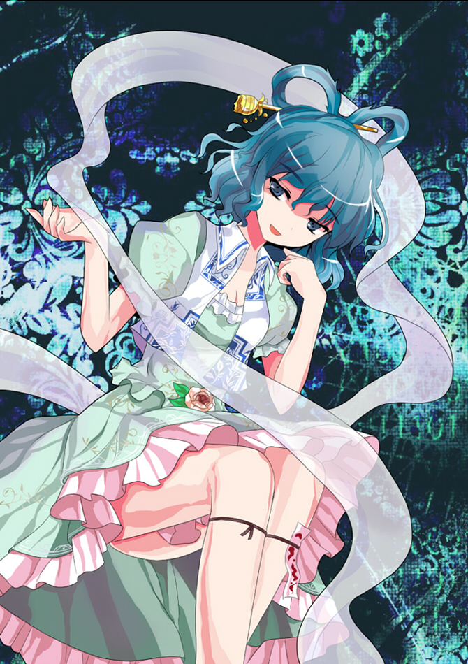 alphes_(style) blue_dress blue_eyes blue_hair dress flower hair_rings hair_stick jyuri_otoko kaku_seiga parody pink_rose rose shawl solo style_parody touhou upskirt vest