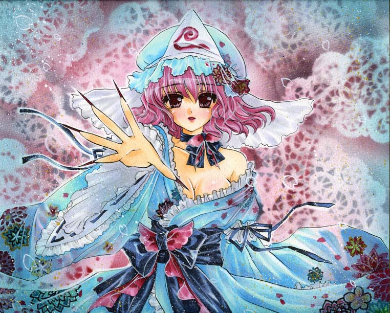 breasts claws cleavage collarbone doily embellished_costume fingernails flower frills hat lipstick long_fingernails makeup marker_(medium) millipen_(medium) mitsuba_(threeleaf) off_shoulder outstretched_hand pastel_(medium) pink_hair red_lipstick ribbon_choker saigyouji_yuyuko short_hair solo touhou traditional_media veil