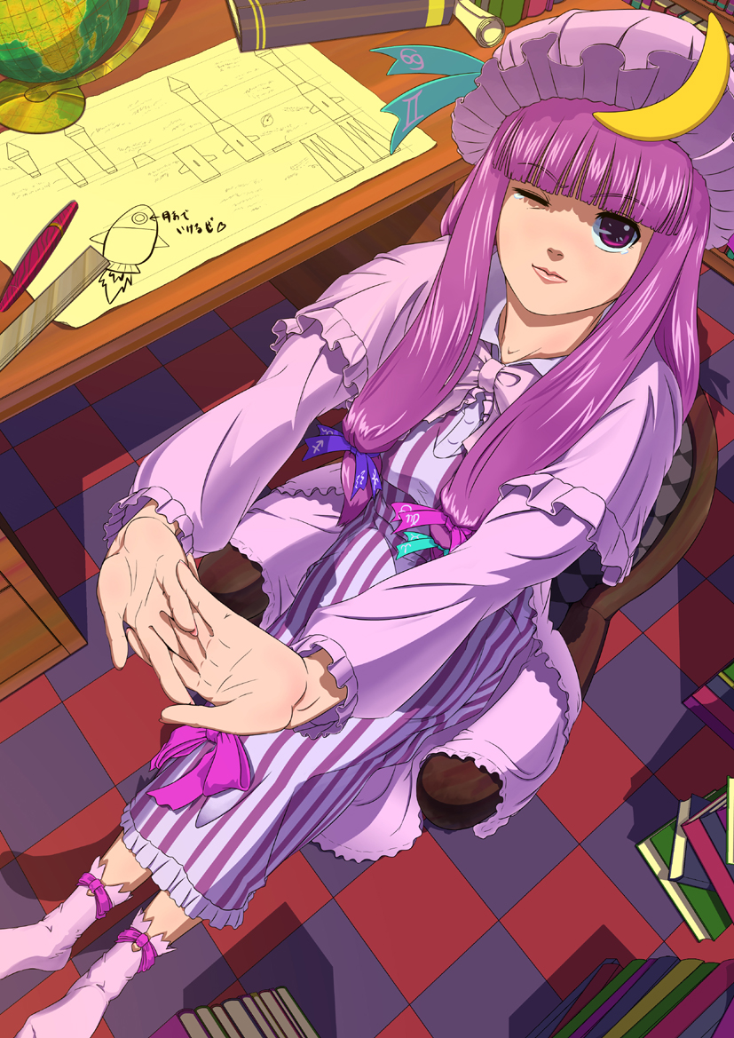 book bow breasts chair checkered checkered_floor crescent globe hair_bow hair_ribbon hat long_hair manabu_adachi patchouli_knowledge pen purple_eyes purple_hair ribbon rocket ruler sitting smile solo stretch taut_shirt touhou violet_eyes wink