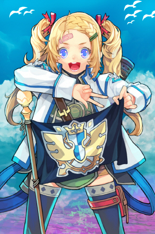 blonde_hair braid coat flag flat_chest frett hair_ornament hair_ribbon hairclip holster long_hair lowres open_mouth pouch purple_eyes ribbon sheath solo sword_girls thigh-highs thighhighs twintails violet_eyes