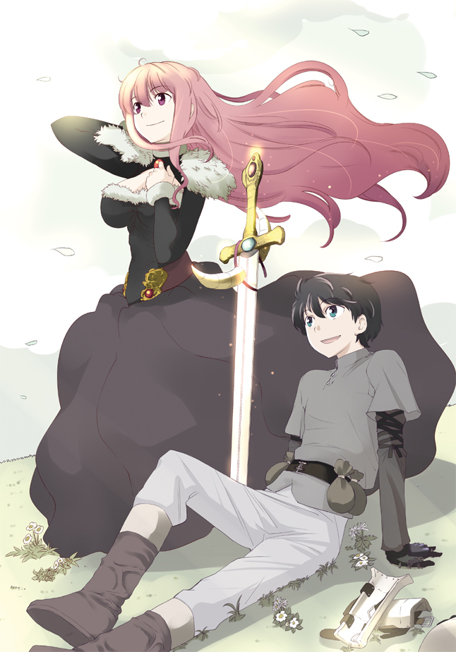 1girl aqua_eyes black_hair boots breasts cleavage dress gloves green_eyes large_breasts long_hair maou_(maoyuu) maoyuu maoyuu_maou_yuusha open_mouth pink_hair pouch purple_eyes red_eyes red_hair sitting smile sword touge_hiro weapon wind yuusha_(maoyuu)