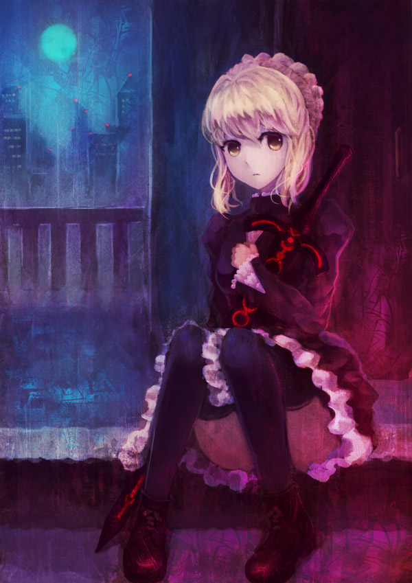 blonde_hair dark_excalibur dress fate/hollow_ataraxia fate/stay_night fate/unlimited_codes fate_(series) full_moon gothic_lolita lolita_fashion moon pantyhose qin saber saber_alter solo thigh-highs thighhighs yellow_eyes