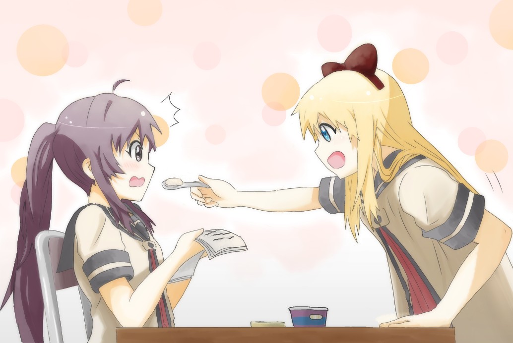 2girls :d blonde_hair blue_eyes bow don-0429 hair_bow long_hair multiple_girls open_mouth paper ponytail purple_hair sideways_mouth smile spoon sugiura_ayano surprised toshinou_kyouko yuru_yuri