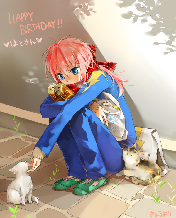 bag blue_eyes blush can cat cat_focus inazuma_eleven inazuma_eleven_(series) inazuma_eleven_go kirino_ranmaru long_hair male nodobotokemax petting scarf sitting solo track_suit twintails