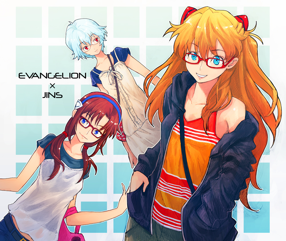 ayanami_rei bespectacled blonde_hair blue_eyes blue_hair boyaking casual glasses long_hair makinami_mari_illustrious multiple_girls neon_genesis_evangelion rebuild_of_evangelion red_eyes red_hair redhead short_hair smile soryu_asuka_langley souryuu_asuka_langley
