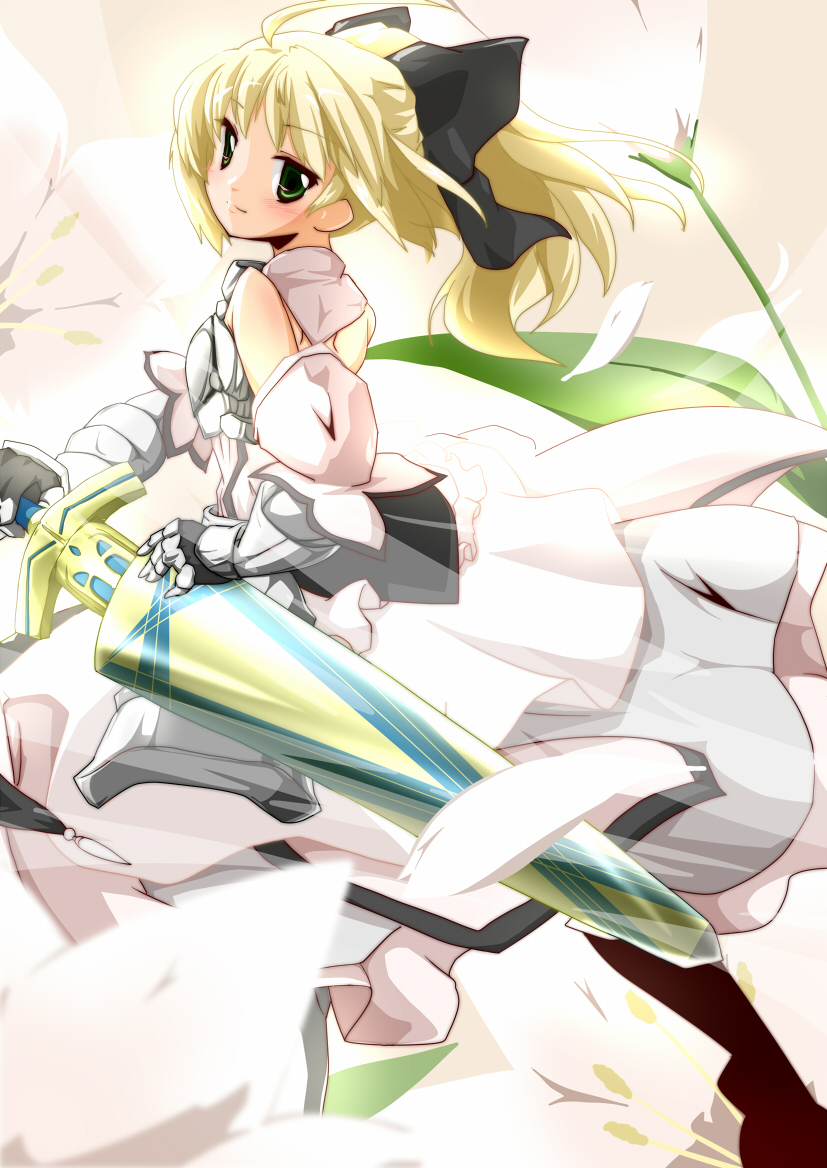 ahoge armor armored_dress avalon_(fate/stay_night) bare_shoulders blonde_hair bow caliburn detached_sleeves dress fate/stay_night fate/unlimited_codes fate_(series) flower gauntlets green_eyes hair_bow ponytail saber saber_lily sheath solo soutsuki_naru sword unsheathing weapon