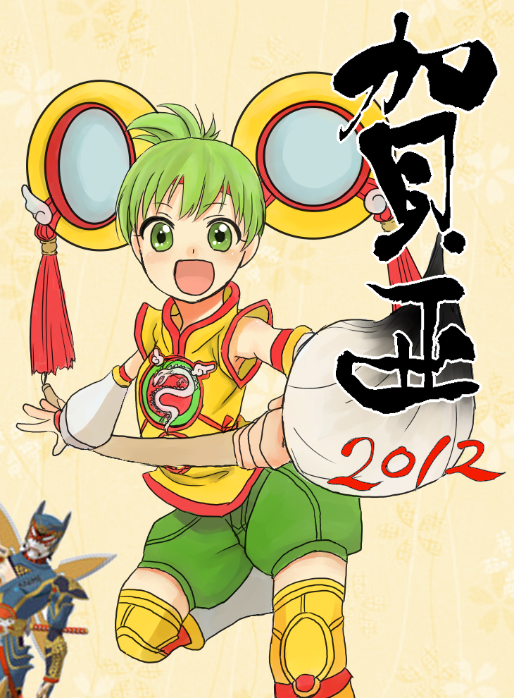 1boy 1girl 2012 canvas00 chinese_clothes detached_sleeves dragon_kid green_eyes green_hair hat huang_baoling ivan_karelin new_year open_mouth origami_cyclone paintbrush short_hair shorts superhero thigh-highs thighhighs tiger_&_bunny