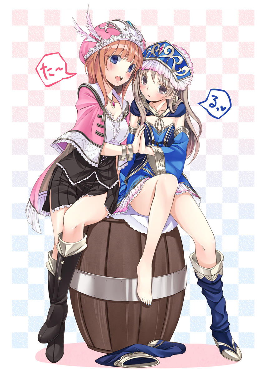 :d atelier_(series) atelier_rorona atelier_totori bangle bangs barefoot barrel blue_eyes blunt_bangs blush boots bracelet breasts brown_eyes brown_hair cape cleavage detached_sleeves flat_chest hands_together hat headdress highres hinasaki holding_hands jewelry knee_boots legs looking_at_viewer multiple_girls nail_polish open_mouth orange_hair pendant rororina_fryxell single_shoe single_thighhigh sitting sitting_on_object skirt smile symmetrical_hand_pose thigh_boots thighhighs toenail_polish totooria_helmold
