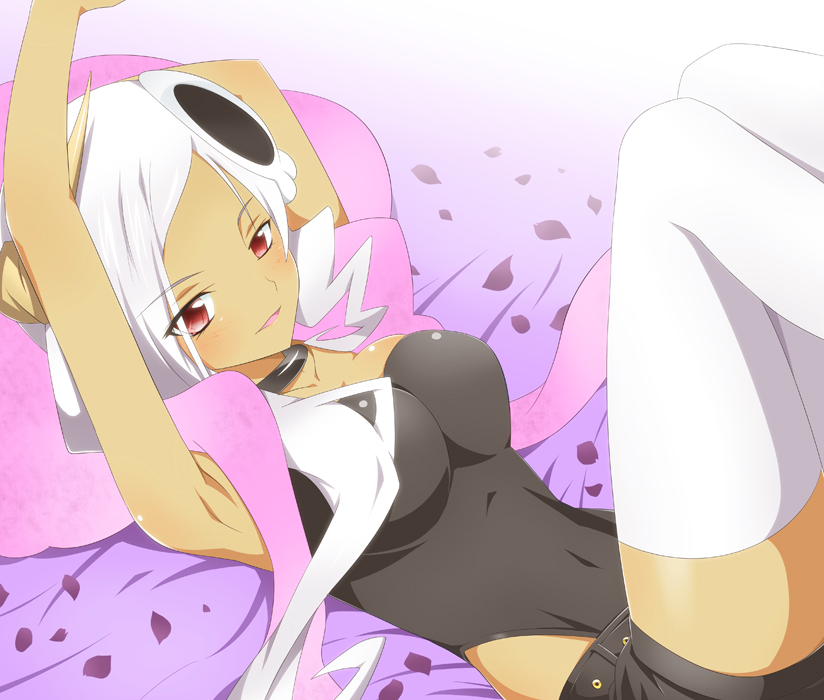 armpits arms_up breasts choker dark_skin hair_ornament kami_nomi_zo_shiru_sekai large_breasts leotard long_hair lying nora_floriann_leoria red_eyes scarf shorts skull_hair_ornament solo thigh-highs thighhighs white_hair white_legwear yuto zettai_ryouiki
