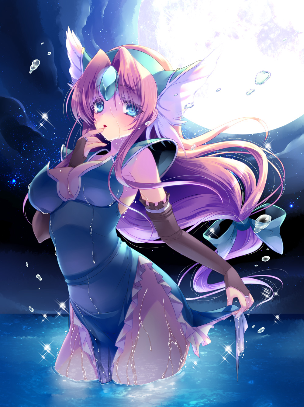 1girl :o blonde_hair blue_eyes blush bow breasts bridal_gauntlets circlet cleavage cloud dress dress_lift elbow_gloves finger_to_mouth fingernails frilled_dress frills full_moon fur_trim gem gloves gradient_hair hair_bow highres large_breasts long_fingernails long_hair low-tied_long_hair moon multicolored_hair night night_sky open_mouth outdoors pauldrons payot pink_hair ponytail purple_hair reflection riesz seiken_densetsu seiken_densetsu_3 side_slit sky solo sparkle splash splashing standing star_(sky) starry_sky thighs very_long_hair wading water wet wet_clothes