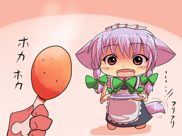 1girl akisame_ruu animal_ears apron blue_dress boned_meat braid chibi dog_ears dog_tail dress fang food hair_ribbon inu_sakuya izayoi_sakuya maid maid_headdress meat open_mouth pink_hair plate red_eyes ribbon tail tail_wagging the_embodiment_of_scarlet_devil touhou twin_braids