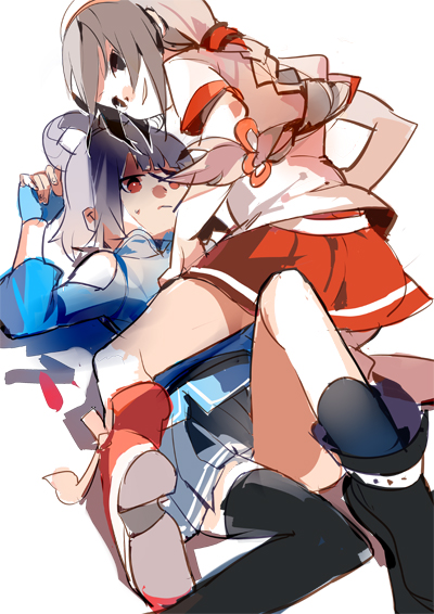 bad_id black_eyes braid colxy girl_on_top grey_hair ling_caiyin long_hair luo_tianyi mismatched_legwear multiple_girls red_eyes rough skirt smile thighhighs vocaloid yayin_gongyu yuezheng_ling yuri