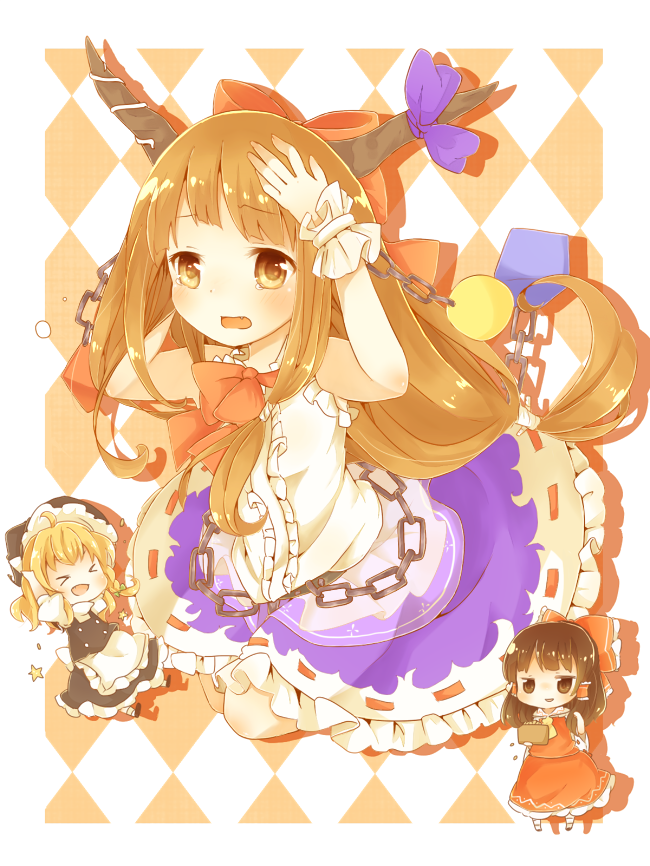 >_< ascot beans blonde_hair bow braid brown_eyes brown_hair chain chains chibi closed_eyes eyes_closed hair_bow hair_tubes hakurei_reimu hat horn_ribbon horns ibuki_suika kirisame_marisa long_hair multiple_girls open_mouth orange_eyes orange_hair ribbon side_braid single_braid skirt smile tears toadstool_(natadekoko) touhou witch witch_hat