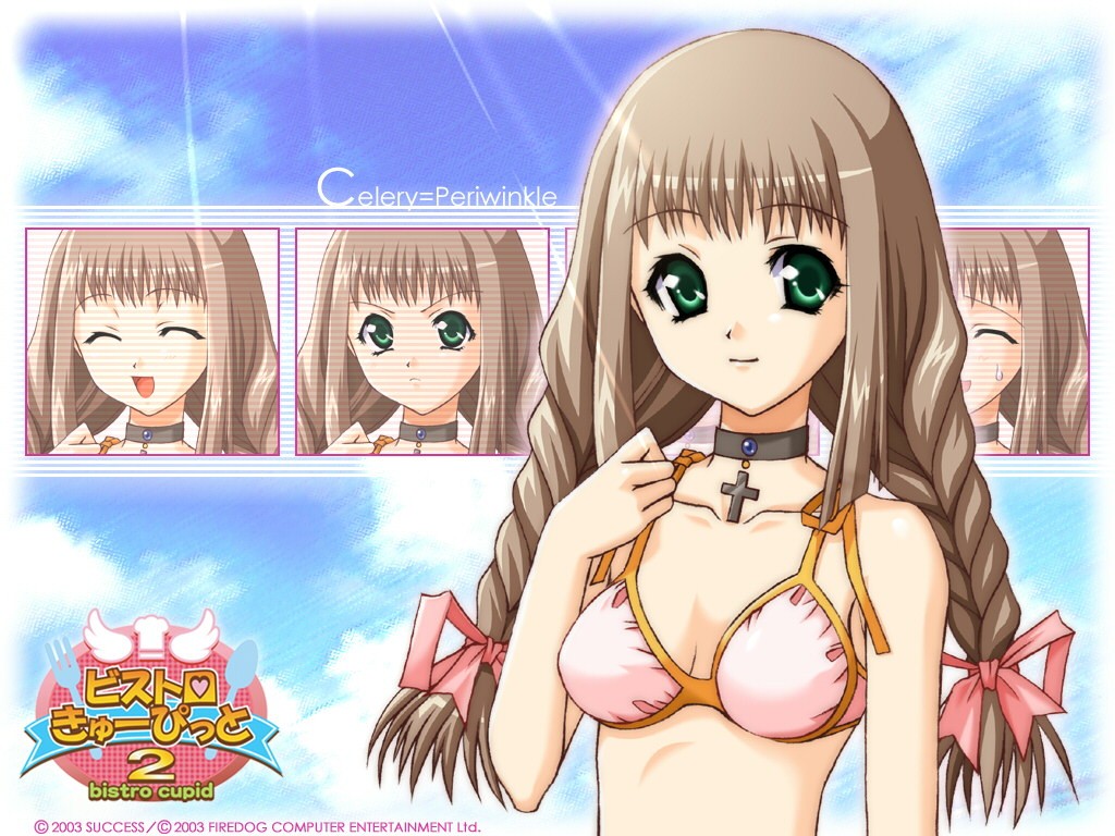 1girl 2003 bikini bistro_cupid bistro_cupid_2 bow braid brown_hair celery_periwinkle character_name choker cross green_eyes hair_bow logo long_hair official_art pandaki_(aki) smile solo swimsuit title_drop twin_braids wallpaper