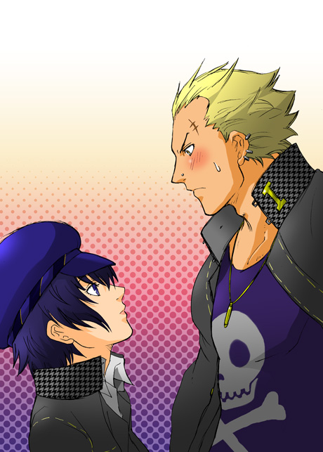 1girl androgynous blonde_hair blue_eyes blue_hair blush bullet cabbie_hat couple crossdressing detective_hat hat height_difference persona persona_4 piercing profile reverse_trap scar sen_sika23 shirogane_naoto short_hair sweatdrop tatsumi_kanji tomboy