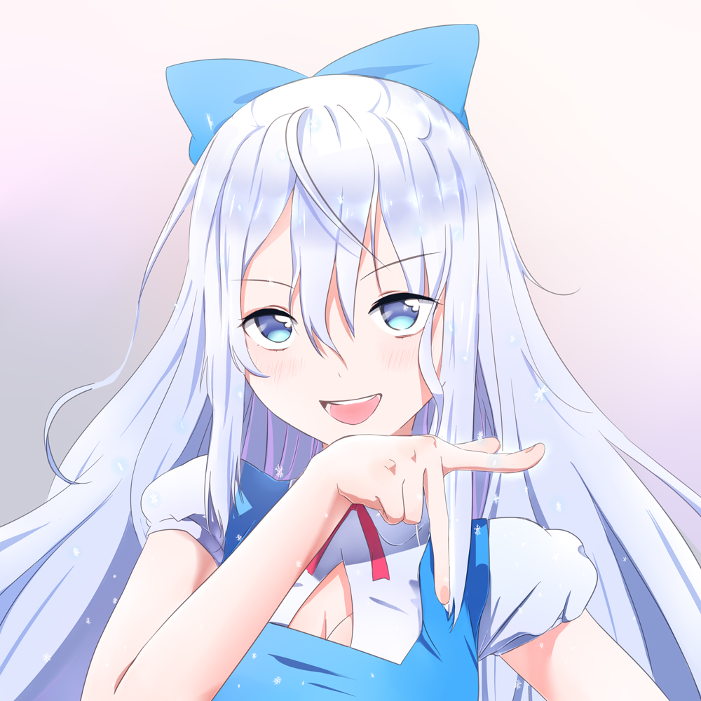 alternate_hair_length alternate_hairstyle bad_hands blue_eyes blue_hair blush bow breasts bust cirno cleavage face hair_bow large_breasts long_hair open_mouth pointing smile solo teenage touhou very_long_hair yamada_ranga